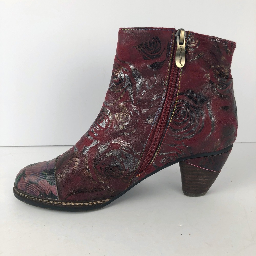 L'Artiste Spring Step Waterlily Floral Leather Ankle Boots Sz 39 Red Metallic - Picture 10 of 16